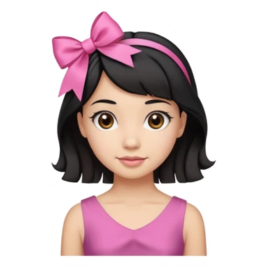 Beautiful girl with short black hair in a half-up half-down hairstyle with pink ribbon tying the top half, waves at the ends, brown eyes, light skin, slight smile, and pink dress sticker