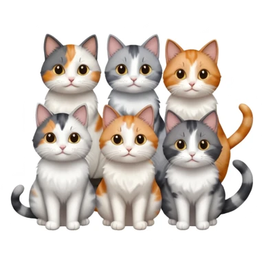 6 realistic looking cats with different natural coloured coats, assorted grey and white, greys, calico, brown and white colours etc
 sticker