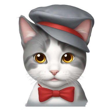 Gray and white cat with a red beret and white bowtie sticker