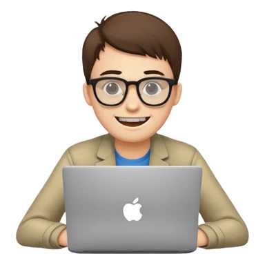 programmer with protruding teeth and glasses, sitting behind a laptop, simple, clear emoji style sticker