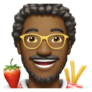 reuse this same smiling man with jewelry outdoors and he is eating french fries in his mouth while holding a strawberry lemonade sticker