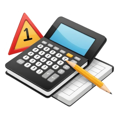 Minimalistic flat vector icon, iOS style, thin black contour on white background. Open textbook with a ruler and triangle on top, calculator next to it. No text, no shadows.
 sticker