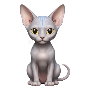 A 3D cartoon silver-gray Sphynx cat with smooth skin, gentle expression, elegant pastel lighting, cinematic Memoji rendering. full body or half body. sticker