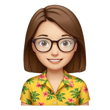Hawaii female with white skin. Shoulder length straight brown hair. Brown eyes with glasses. Female wearing yellow Hawaiian print shirt. sticker