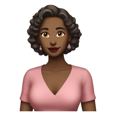 She has soft features, fair skin, and almond-shaped eyes. Her defined eyebrows and natural pink lips frame her face. Her dark, wavy hair is partly tied back, giving her an elegant yet relaxed look.  She wears a red V-neck long luxurious dress. White skin. sticker