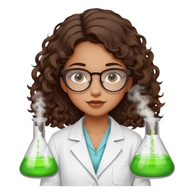bratz doll with long loose curly dark brown hair, that reaches her lower back glasses that are round cat eye vibes, in a lab coat mixing beakers that glow shes a 4th grade girl sticker