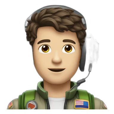 A young white male tennager with dark brown hair and brown eyes in a pilot suit and wearing a green Pilot headset sticker