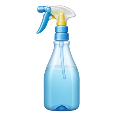 plastic spray bottle with simple trigger top and translucent body filled with clear liquid, practical shape, subtle grip texture on neck, no branding, slight reflection on plastic, no label, no cloth, no surface, soft lighting, subtle shadows, emoji scale sticker