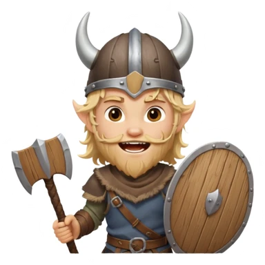 A young Viking warrior with messy hair, wooden shield, and fierce excited grin with horned helmet sticker