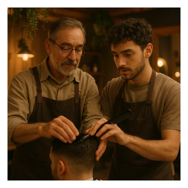 Inside a cozy barbershop with soft lighting, an experienced barber gently teaches his apprentice, guiding his hands as they cut hair together. The room is filled with warmth, plants hanging from the ceiling, and the hum of clippers sticker