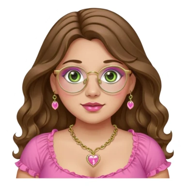Girl long wavy brown hair with middle part. green gold eyes, plus size, pink frilly top,  gold nose ring, small pink heart crystal necklace. Gold rimmed glasses sticker