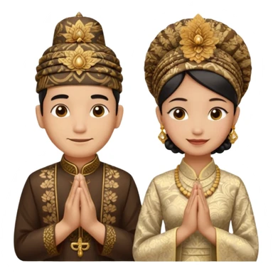 javanese person with shy smile (male) with batik blangkon hat and prayer hand, and also a javanese bride with sanggul or javanese classic updo and a shy smile sticker