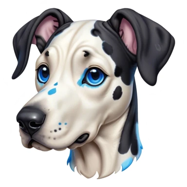 Cinematic Cute Harlequin Great Dane Portrait Emoji, Head tilted playfully and inquisitively, featuring a glossy coat of predominantly white with dynamic black patches, round, sparkling blue eyes filled with gentle curiosity, Simplified yet irresistibly adorable features, highly detailed, glowing with a warm, friendly glow, high shine, affectionate and gentle, stylized with a touch of whimsy, bright and endearing, soft glowing outline, capturing the essence of a mischievous yet loving pup, so playful it feels like it could lumber out of the screen and into your arms! sticker