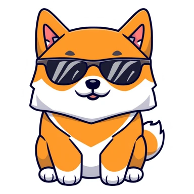 close-up of a Shiba Inu face wearing sunglasses with the text 'BIG HEAD' inside the sunglasses lenses sticker