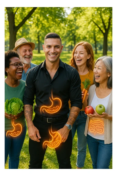  a smiling man stands at the center of a group of diverse, happy people in a bright park. Everyone has a subtle, glowing outline around their abdominal area, symbolizing a healthy gut. The group is laughing, sharing fresh fruits and vegetables, and the atmosphere is vibrant and full of energy. sticker