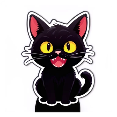 Cute black cat with closed mouth but visible fangs sticker