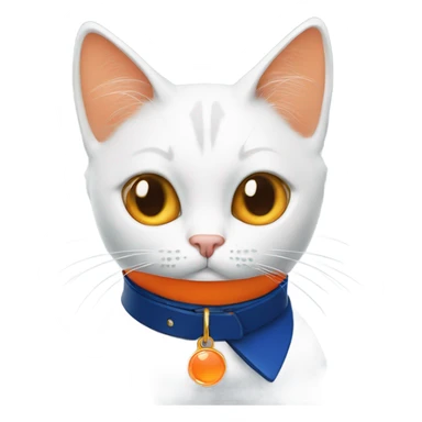 white and orange cat with dark blue collar with orange pendant sticker