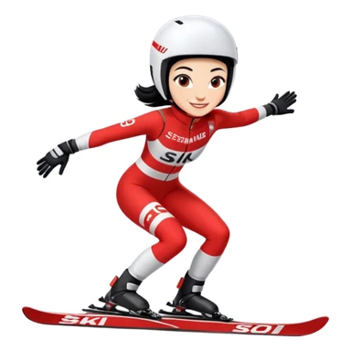 Ski racer downhill squat woman red white dress with the name Stephanie on the dress Ski Head lettering black hair smile sticker