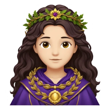 Libera from Olympus Gods with long dark brown wavy hair, dark purple stola sticker