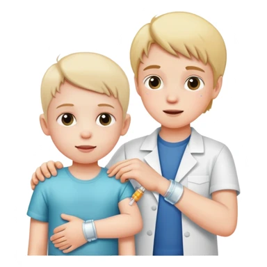 a kid with desnutrition with a brazelete and a vaccine sticker