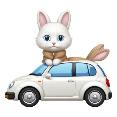 Please create a small emoji the size of 🚗 featuring a pure white cat with bunny tail (not ears) with blue eyes on a white saloon car viewed from side. Again it is necessary that the emoji must be extremely small, much smaller than a standard sized sticker. sticker