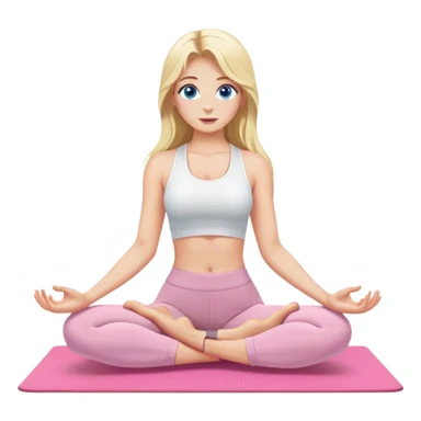 Cinematic realistic blonde with long hair and blue eyes, dressed in a white top and khaki leggings, does yoga on a pink mat sticker