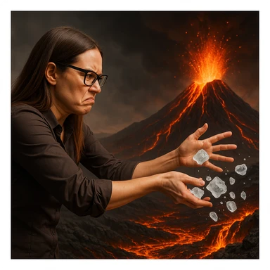 Create a hyperrealistic woman similar to the reference photo, side view, throwing ice onto a volcano full of lava with no effect. The expression should show frustration. The scene is symbolic with detailed features. sticker