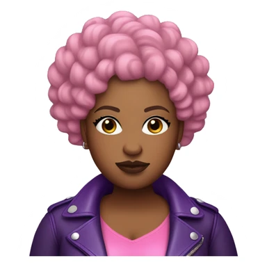 Plus size black woman with bald short pink curly hair and a purple leather biker jacket with makeup on face. sticker