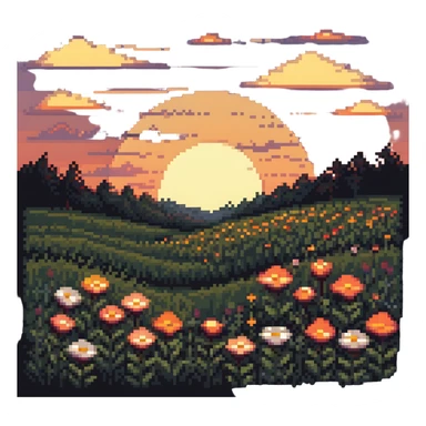 sunset over a meadow with flowers sticker