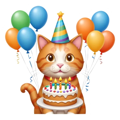 Ginger cat celebrates birthday, birthday hat, birthday cake, balloons, happy sticker