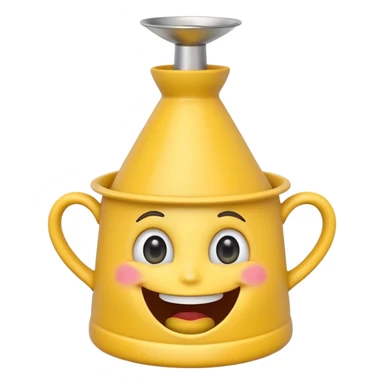 Crazy laughing emoji on upside-down kitchen funnel on its head (not a hat), wide smile, big eyes, cartoon emoji style, bright colors. sticker