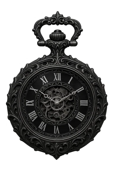 gothic pocket watch, black and silver, ornate and dramatic, no background sticker