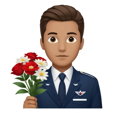 Homme avec bouquet fleurs blanches, avec uniforme bleu foncé cravate rouge comme Air France, arabe raie sur le côté sans chapeau juste insigne sans bouton manchette et un peu bronzée  sticker