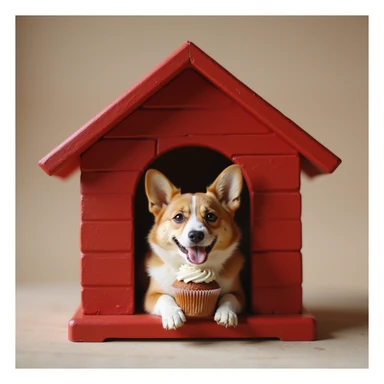 realistic red dog house with a Corgi dog inside, Corgi with a cupcake, photorealistic style sticker