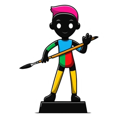 A paintbrush transforming into a 3D metal human silhouette sculpture, symbol of artistic identity, with defined sculptural details sticker