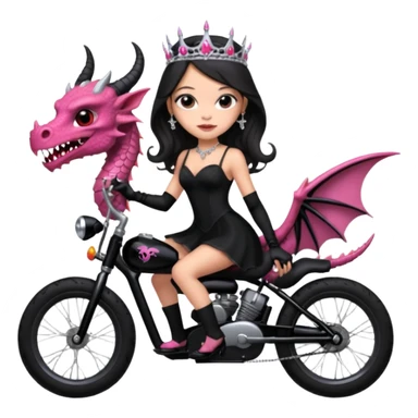  black evening gown with see-through gloves, Jenna Ortega as beautiful Addams woman prom queen wearing a mini tiara, very large blood  pink evil-looking horned old dragon bike sticker