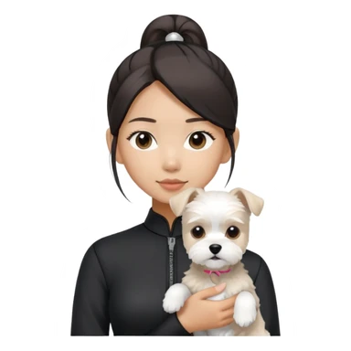 Asian girl (black fitted outfit with pony tail hair without bang) holding a white Maltese-schnauzer mixed dog sticker