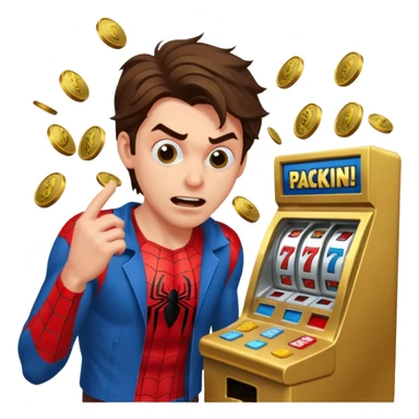 disheveled spiderman losing money at a slot machine, panicked face, coins flying sticker