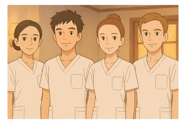 four nursing students standing side by side, wearing white short-sleeve medical uniforms with V-neck, left chest pocket, no collar, no undershirt, no stethoscope, warm indoor ambiance, resembling four provided faces, Ghibli style sticker