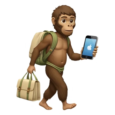 Draw an Australopithecus walking like a nomad, carrying a cloth bundle on its back, holding an iPhone in one hand and an open laptop with the screen visible in the other hand, in a cute flat iPhone emoji style. sticker
