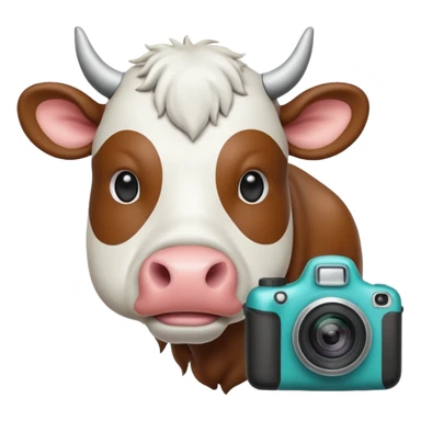 Emoji-style icon of a cow and buffalo with a camera or scan frame, representing image upload for breed detection. Simple, friendly, rounded design, clear at small sizes, teal and white accents, no text, transparent background. sticker