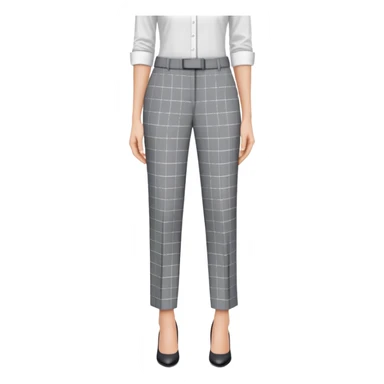 gray dress pants with white grid pattern, plaid check pattern, formal tailored trousers with cuffed hem, for petite women, isolated garment only, no model sticker