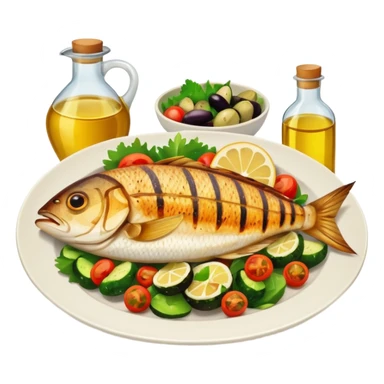 plate with fish, vegetables, and olive oil bottle sticker