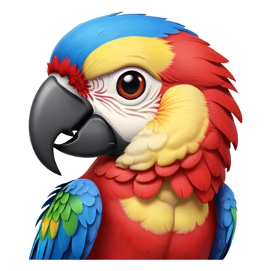Cinematic Realistic Cute Macaw Portrait Emoji, Head tilted playfully and inquisitively, featuring a compact, lively build with intricately detailed, vivid scarlet and blue feathers and a charming, expressive face with round, sparkling eyes full of tropical wonder, rendered with realistic texture and vibrant natural hues, high shine, affectionate and spirited, styled with a touch of whimsical rainforest charm, soft glowing outline, capturing the essence of a mischievous yet lovable macaw that seems poised to flutter playfully into your arms! sticker