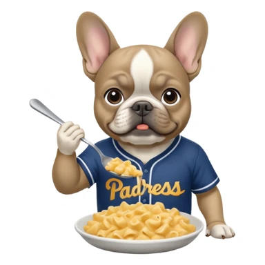 Grey French bulldog eating Mac and cheese wearing a padres baseball shirt sticker