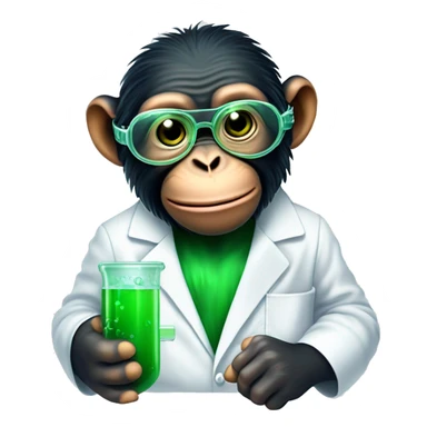 Chimpanzee wearing safety goggles and a lab coat while holding a vile of green liquid and rubbing his chin curiously sticker