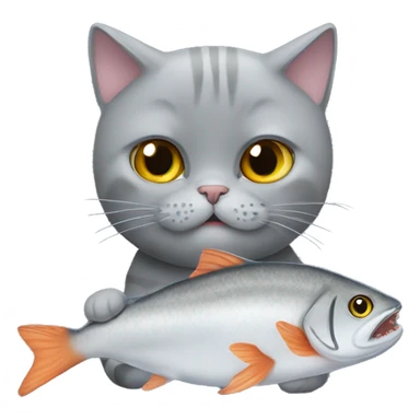 Grey British shorthair cat eating a fish sticker