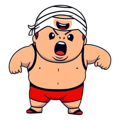 Extreme close-up of face of morbidly obese white skin guy with young face, prominent BLACK DURAG tied clearly on head, black beard but no mustache, clean shaven upper lip, black eyes in a red and black wrestling singlet with mouth wide open screaming angrily sticker
