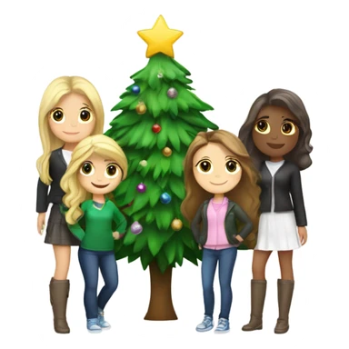 A Christmas tree that says “besties “ with three girls , 2 brunettes and a Blonde next to the tree  sticker