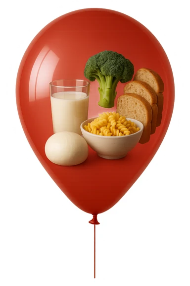 PALLONCINO ROSSO CON DENTRO UNA MOZZARELLA, UN BICCHIERE DI LATTE, UNA BOWL DI PASTA, QUALCHE BROCCOLO, QUALCHE FETTINA DI PANE sticker